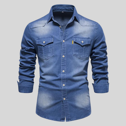 Camicia di Jeans da Uomo a Maniche Lunghe con Chiusura a Bottoni