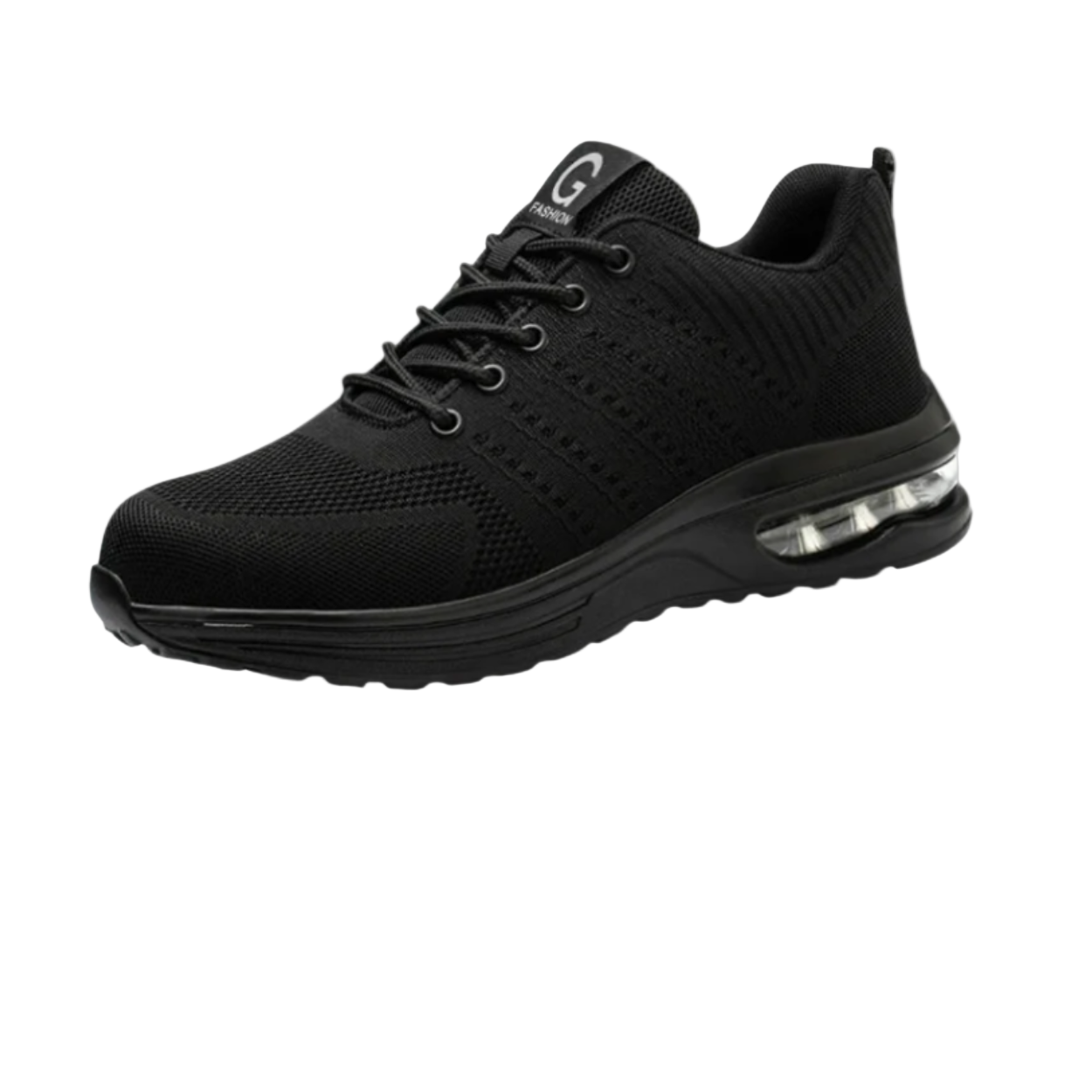 Scarpa sportiva nera da uomo con suola ammortizzata, design traspirante in tessuto a rete, ideale per corsa e attività all'aperto.