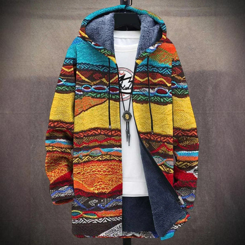 Giacca invernale con cappuccio, motivo etnico multicolore, tessuto caldo e morbido, ideale per moda casual e streetwear.