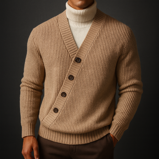 Cardigan da Uomo con Bottoni Inclinati e Texture a Maglia a Coste