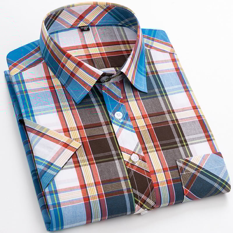 Camicia da Uomo a Maniche Corte con Motivo Scozzese e Chiusura a Bottoni