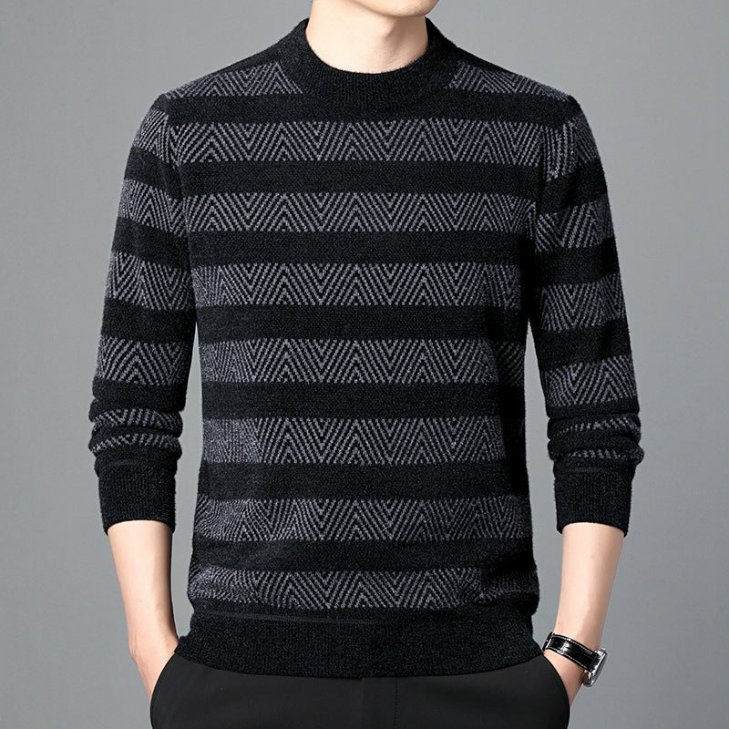 Maglione uomo a righe nere e grigie, motivo geometrico, maniche lunghe, stile casual elegante, perfetto per autunno e inverno.