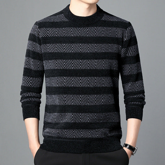 Maglione uomo a righe nere e grigie, motivo geometrico, maniche lunghe, stile casual elegante, perfetto per autunno e inverno.