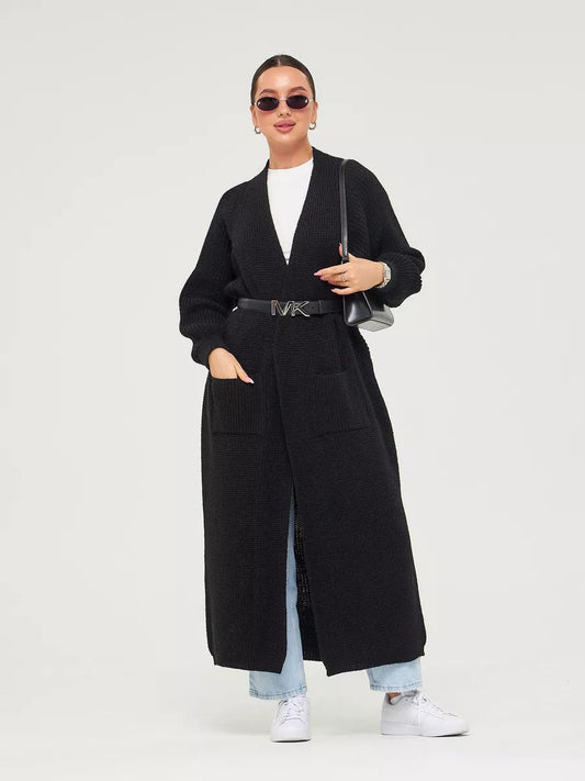 Cardigan Lungo Donna in Maglia con Tasche e Apertura Frontale