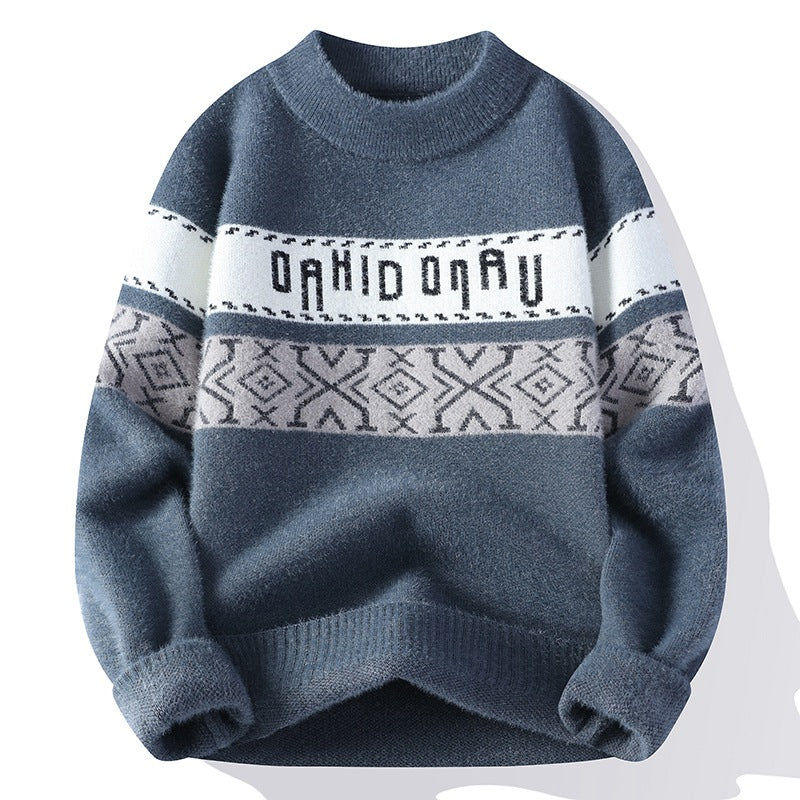 Maglione invernale blu con motivo geometrico bianco e grigio, design casual, tessuto caldo e morbido, ideale per moda uomo autunno inverno.