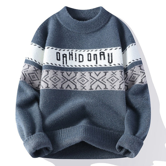 Maglione invernale blu con motivo geometrico bianco e grigio, design casual, tessuto caldo e morbido, ideale per moda uomo autunno inverno.