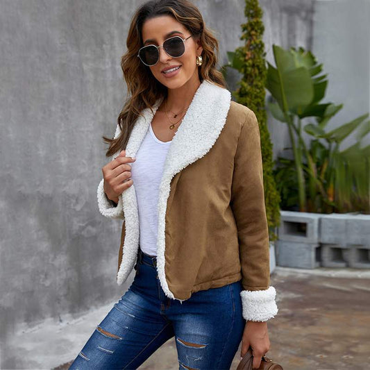 Chaqueta de otoño para mujer en piel sintética de ante con mangas largas y color liso