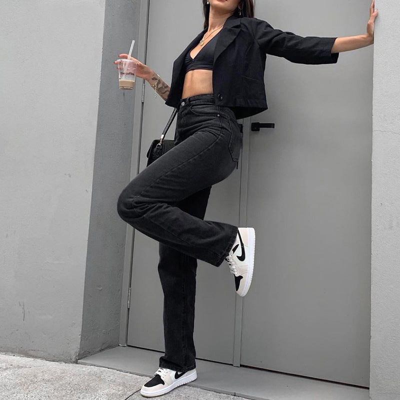 Jeans da Donna a Vita Alta a Gamba Dritta in Cotone Lavato Nero