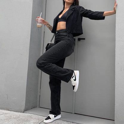 Jeans da Donna a Vita Alta a Gamba Dritta in Cotone Lavato Nero