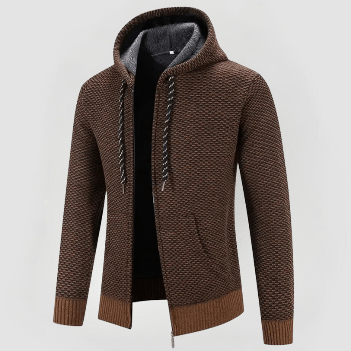 Giacca con cappuccio marrone, tessuto a trama intrecciata, cerniera frontale, tasche laterali, ideale per moda uomo autunno inverno.