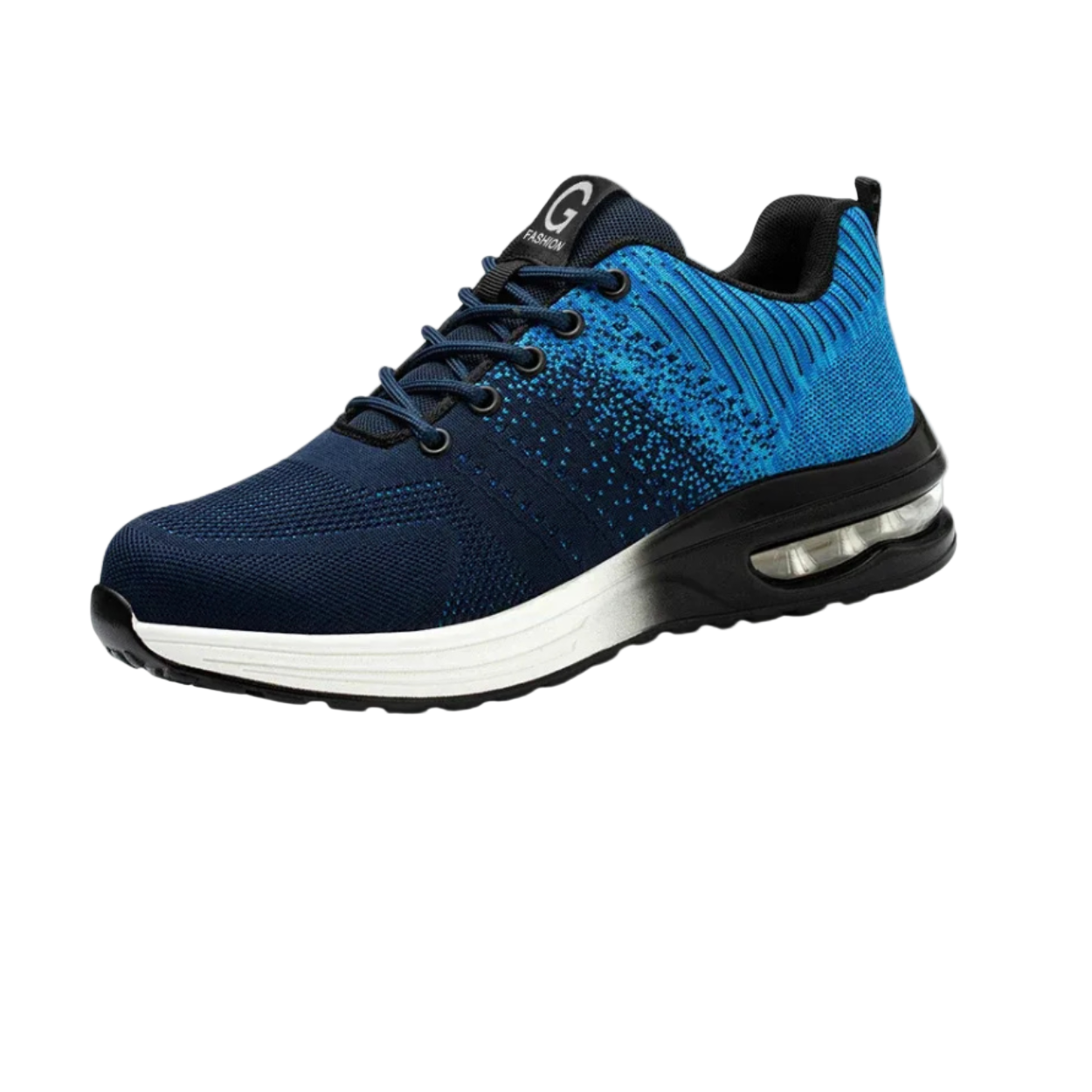 Scarpa da ginnastica blu e nera con suola ammortizzata, design moderno e lacci. Ideale per corsa e sport. Comfort e stile per uomo.