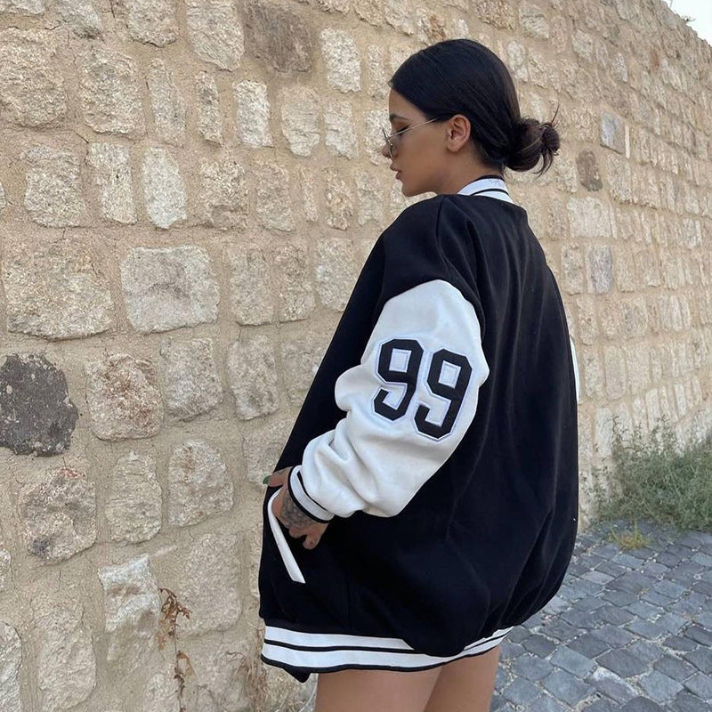 Chaqueta de mujer otoñal estilo béisbol con bordados y mangas largas