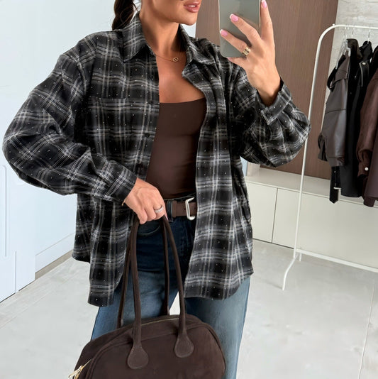 Camicia Donna Monopetto con Motivo Scozzese e Strass, Maniche Lunghe