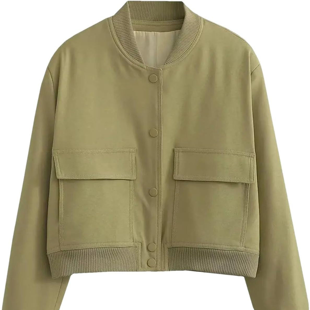 Giacca bomber beige da donna con tasche frontali, chiusura a bottoni, stile casual. Perfetta per moda autunnale e look urbano.