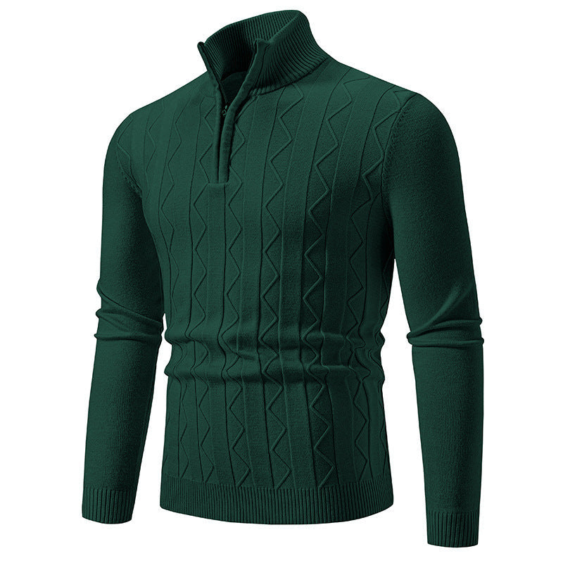 Maglione verde scuro da uomo con zip, lavorazione a trecce, collo alto, maniche lunghe. Elegante e caldo, ideale per l'inverno.