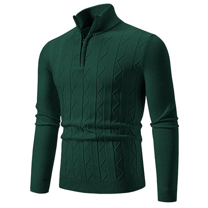 Maglione verde scuro da uomo con zip, lavorazione a trecce, collo alto, maniche lunghe. Elegante e caldo, ideale per l'inverno.