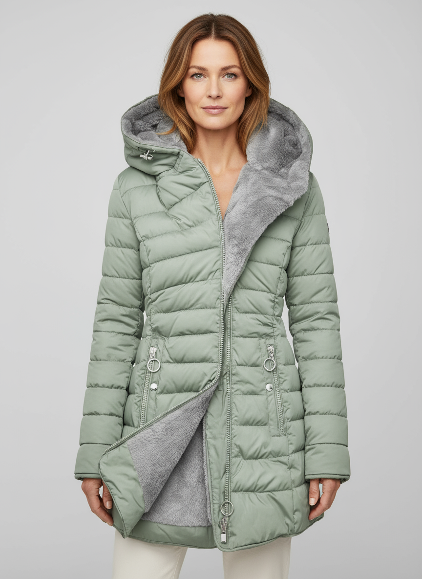 Giacca Invernale da Donna con Fodera Morbida Zip Asimmetrica e Cappuccio