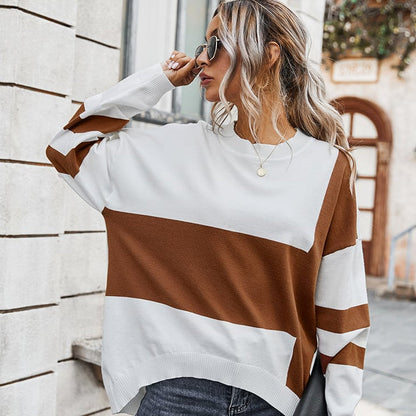 Maglione Pullover da Donna con Cuciture a Blocchi di Colore, Scollo Rotondo e Maniche Lunghe