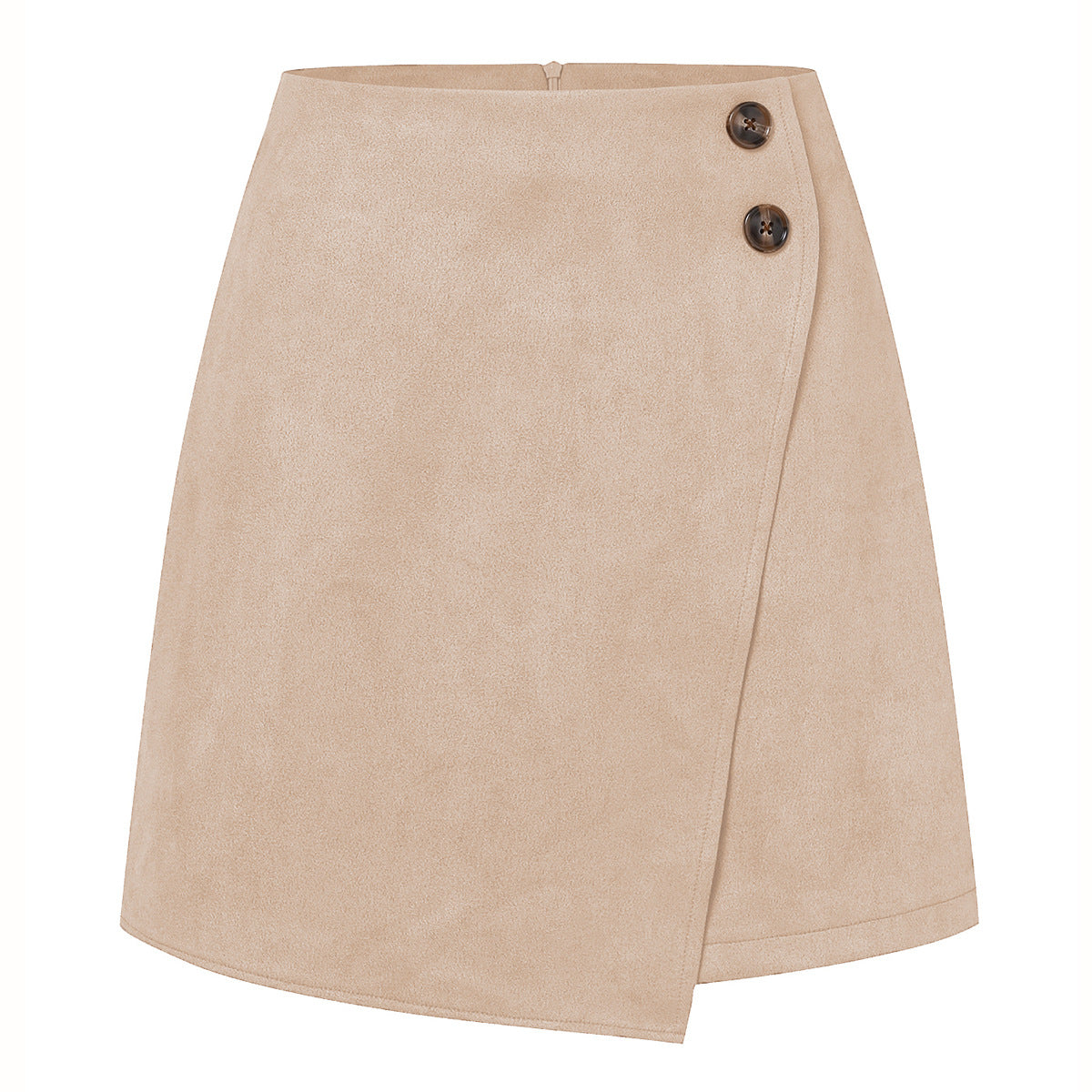 Gonna corta beige in suede con design a portafoglio e due bottoni decorativi. Elegante e versatile, ideale per look casual e formali.