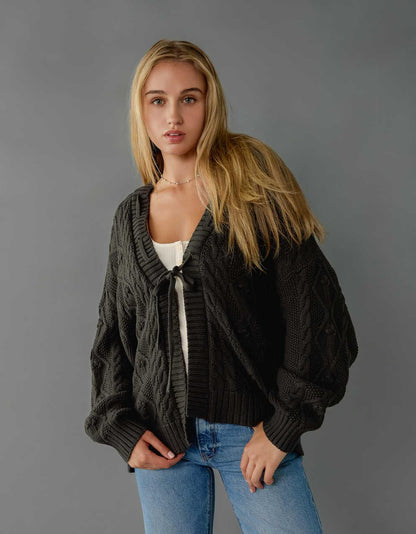 Cardigan da Donna a Treccia con Apertura Frontale e Orlo a Coste