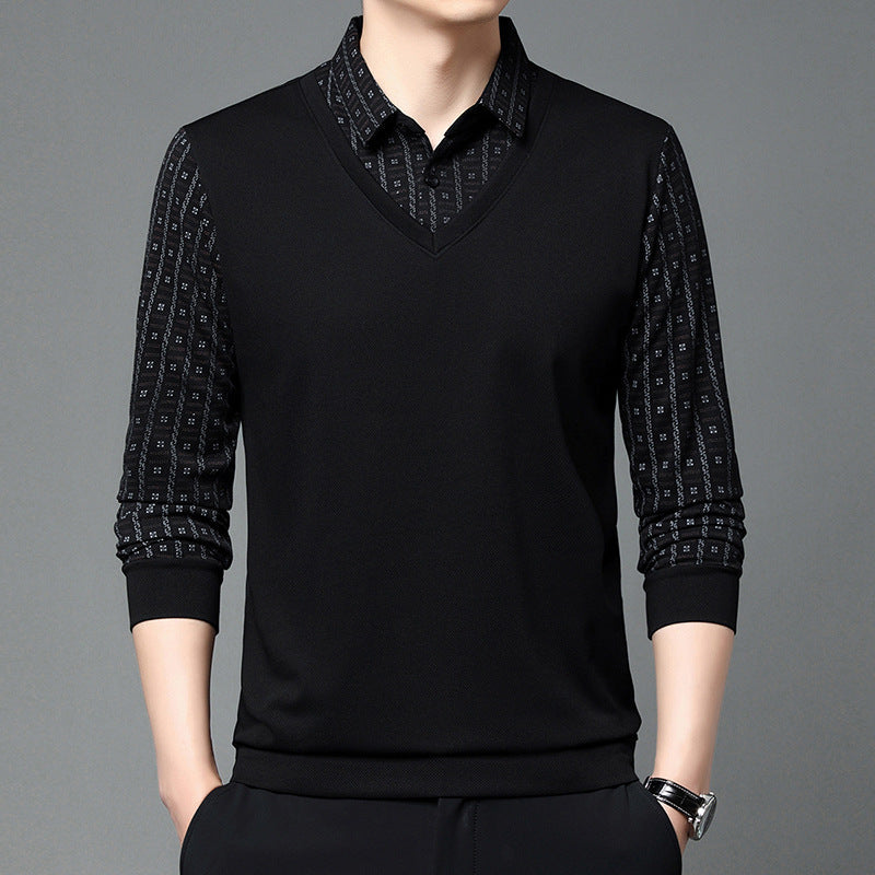 Maglione uomo nero con scollo a V, maniche lunghe a fantasia geometrica, camicia integrata. Elegante abbigliamento maschile autunnale.