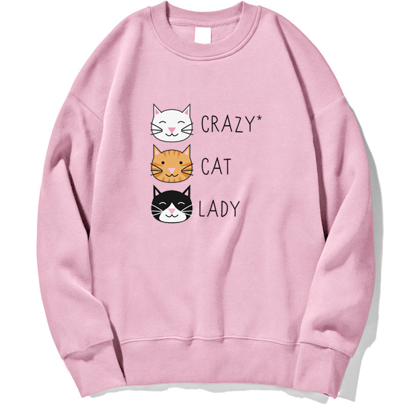 Felpa rosa con stampa "Crazy Cat Lady" e tre gatti sorridenti. Abbigliamento casual, moda felpe donna, stile gatto, regalo amante dei gatti.