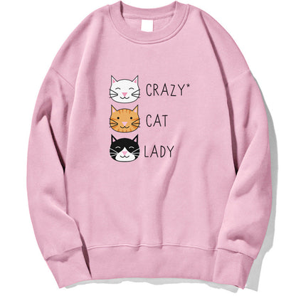 Felpa rosa con stampa "Crazy Cat Lady" e tre gatti sorridenti. Abbigliamento casual, moda felpe donna, stile gatto, regalo amante dei gatti.