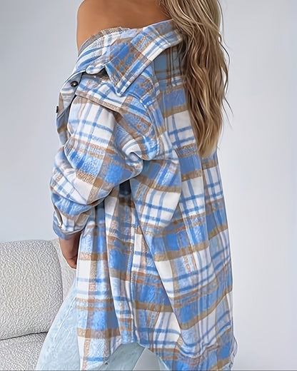 Dame Skjorte med Lange Ærmer i Ternet Mønster med Manchetknapdetalje og Prinsesseærmer