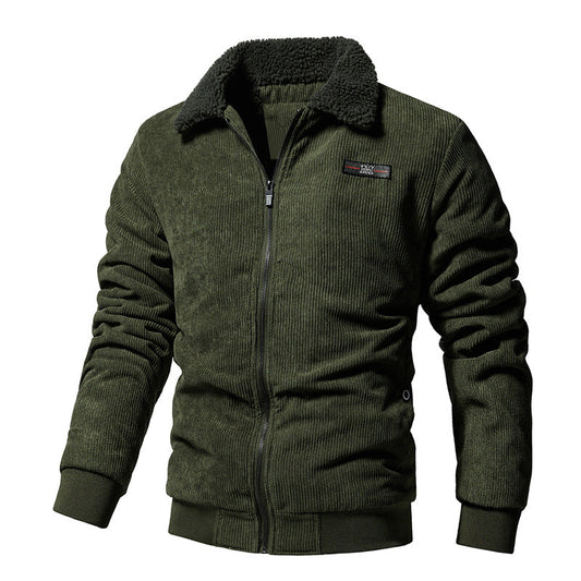 Giacca invernale verde militare da uomo, in velluto a coste, con colletto in pelliccia sintetica, chiusura a zip, ideale per moda casual e outdoor.