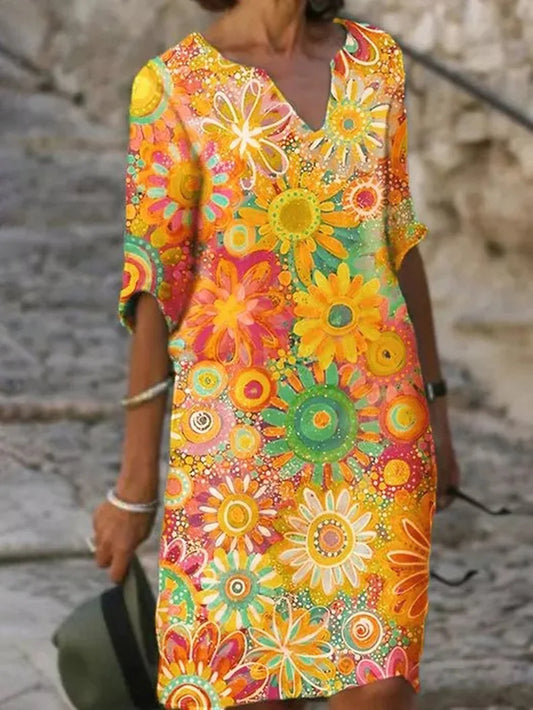 Abito Lungo Floreale con Scollo a V - Comodo e Versatile