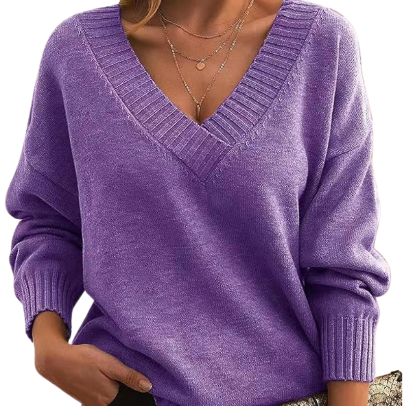 Maglione viola donna con scollo a V, maniche lunghe, tessuto morbido, stile casual chic, perfetto per autunno inverno, moda femminile elegante.