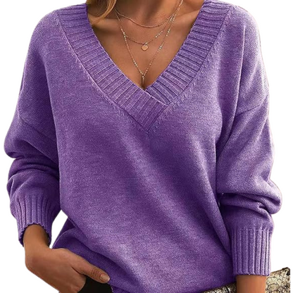 Maglione viola donna con scollo a V, maniche lunghe, tessuto morbido, stile casual chic, perfetto per autunno inverno, moda femminile elegante.