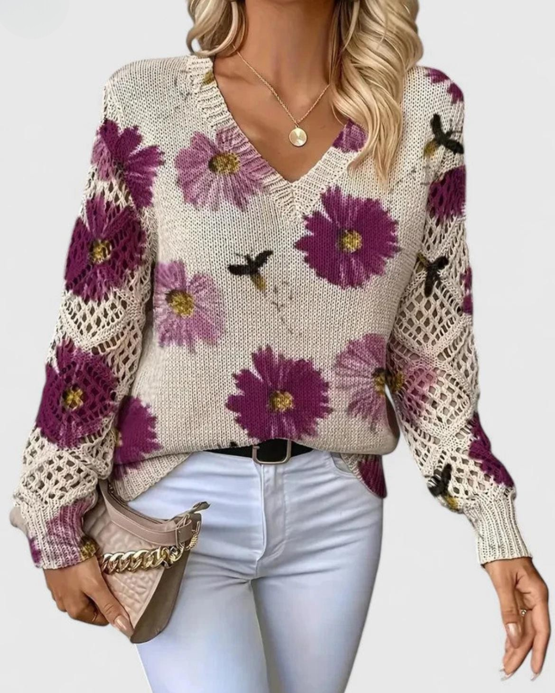 Maglione da Donna con Maniche Traforate e Texture Morbida