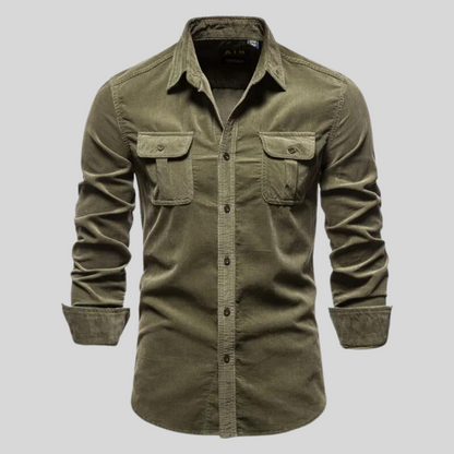 Camicia da Uomo in Velluto a Coste con Maniche Lunghe e Tasche Frontali