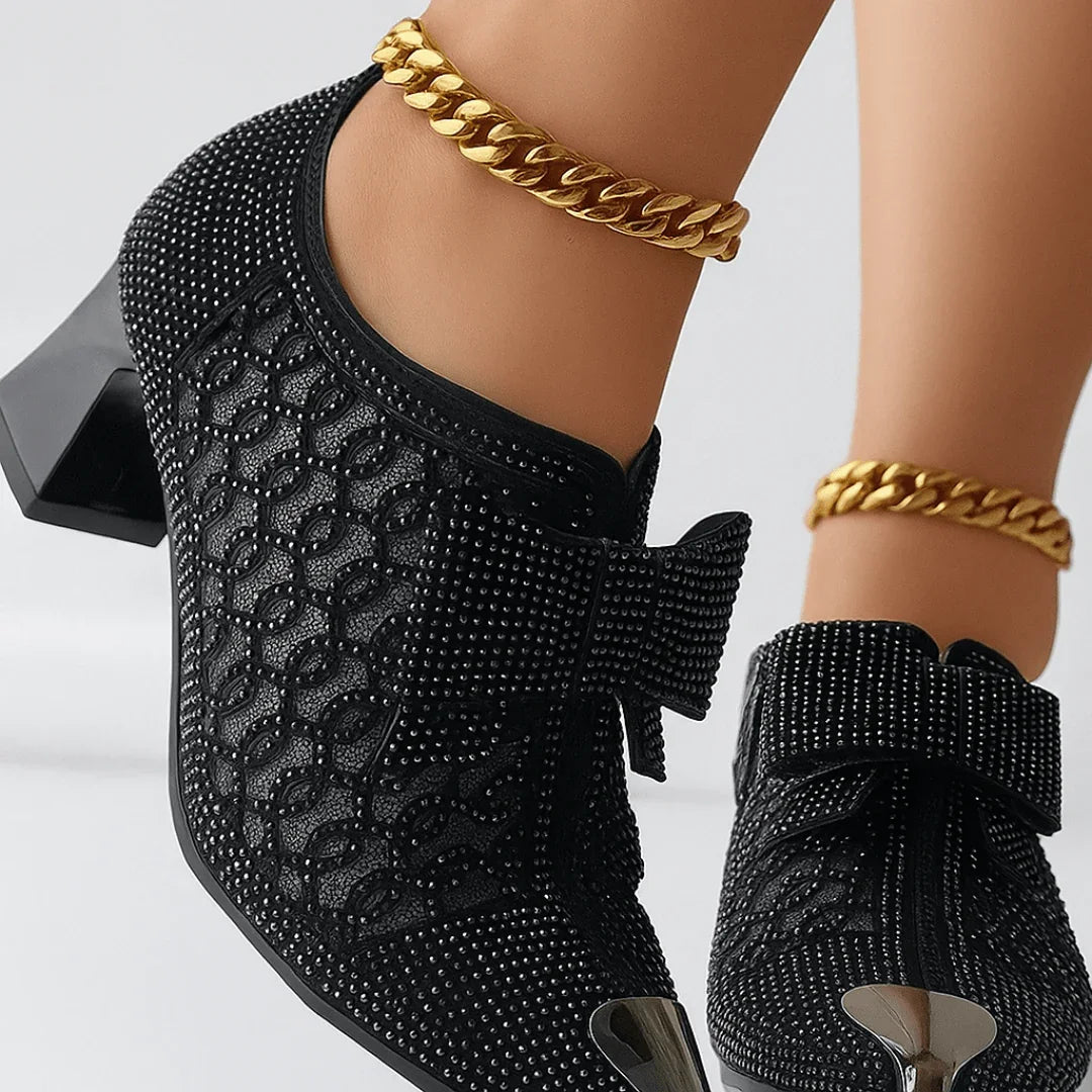 Décolleté Donna con Fiocco e Strass, Punta e Tacco a Blocco 6cm