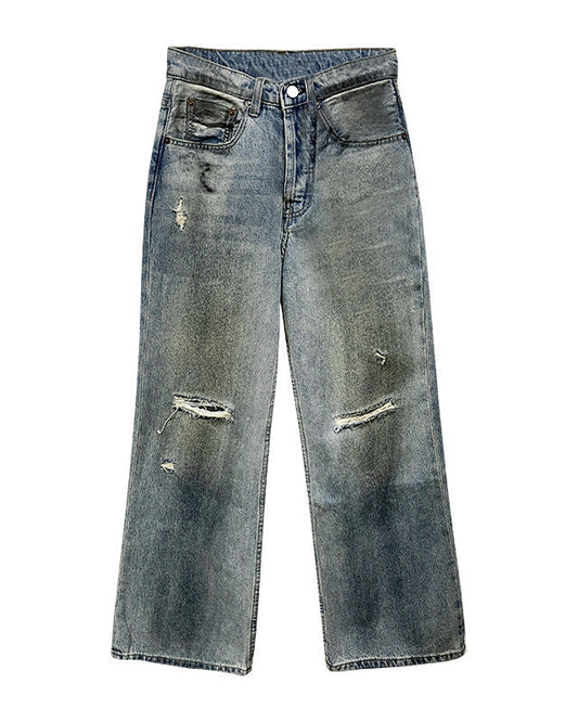 Jeans da Donna in Denim a Gamba Dritta con Strappi Stile Retrò