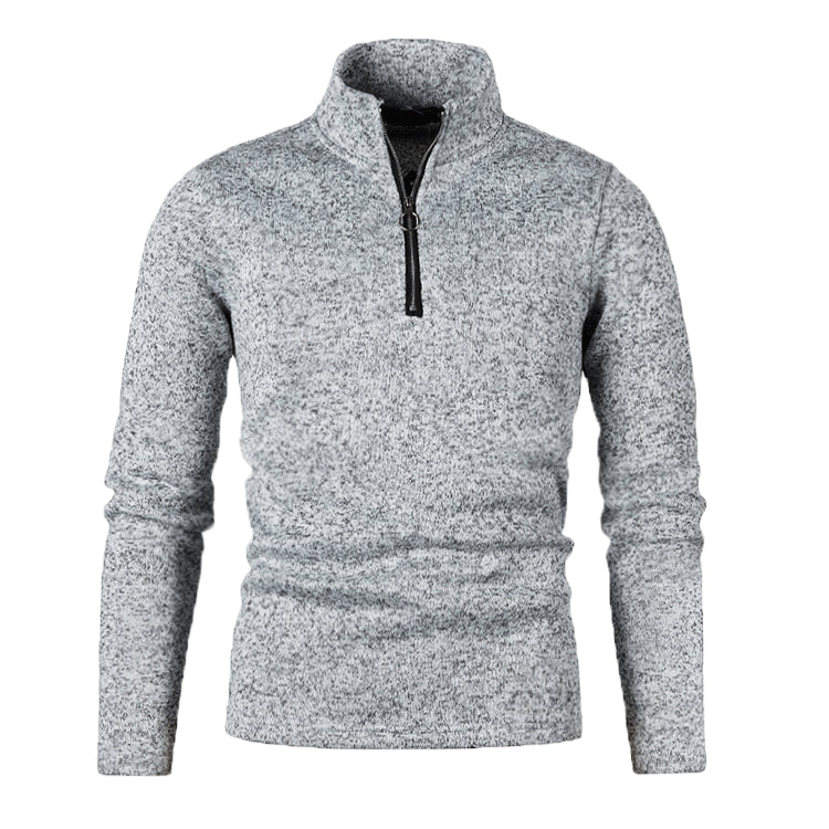 Maglione grigio melange con zip a metà, design casual ed elegante, ideale per l'inverno. Maglione uomo caldo, moda autunno inverno.
