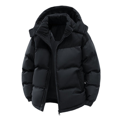 Giacca invernale nera imbottita con cappuccio, design moderno, ideale per il freddo. Perfetta per moda uomo, abbigliamento outdoor, stile casual.
