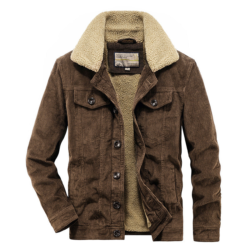 Giacca invernale marrone in velluto a coste con fodera in pelliccia sintetica, colletto ampio, bottoni frontali, ideale per moda uomo autunno inverno.