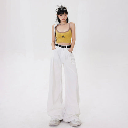 Jeans da Donna a Vita Alta a Gamba Larga con Design Retrò