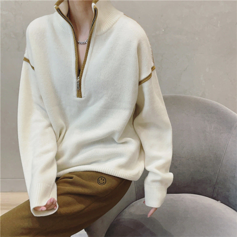 Maglione da Donna in Maglia con Collo alla Coreana, Zip Frontale e Motivo a Righe e Quadri