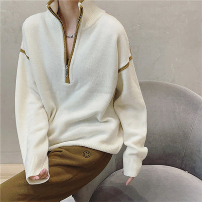 Maglione da Donna in Maglia con Collo alla Coreana, Zip Frontale e Motivo a Righe e Quadri
