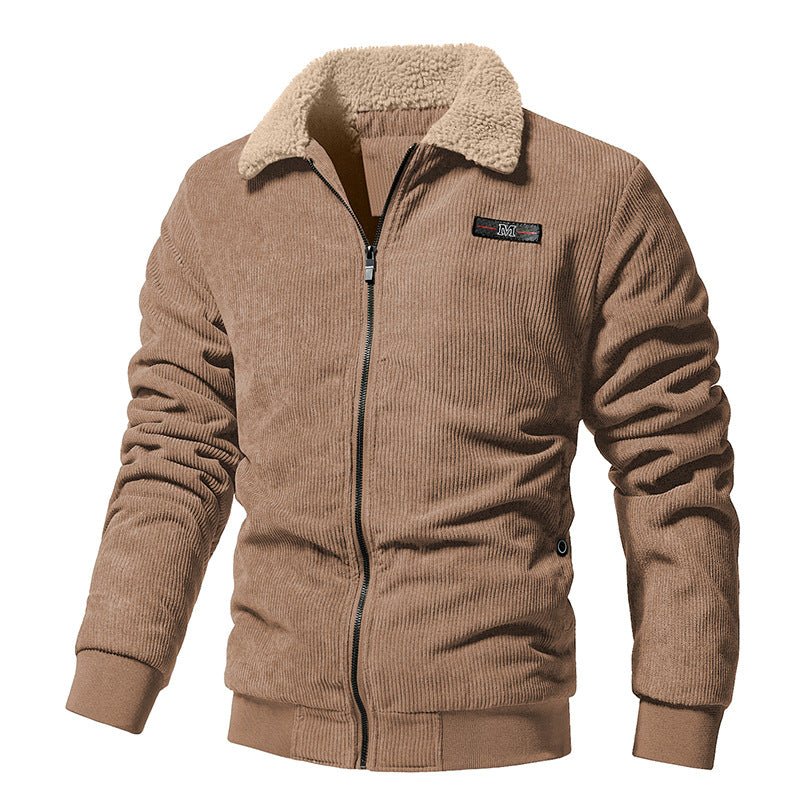 Giacca invernale marrone da uomo in velluto a coste con colletto in pelliccia sintetica, chiusura a zip, stile casual, ideale per moda autunnale.