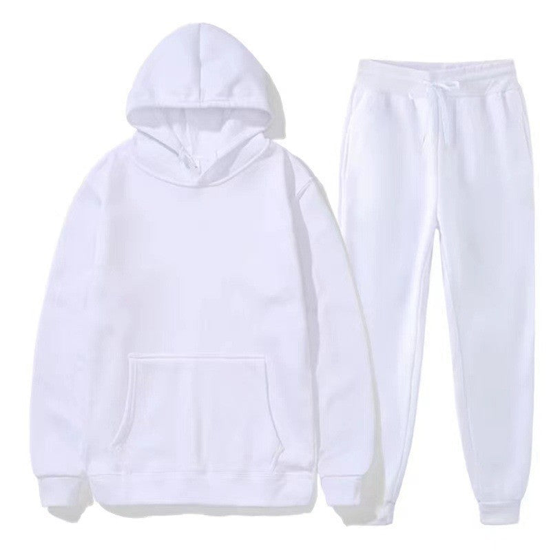 Set tuta bianca unisex, felpa con cappuccio e pantaloni, abbigliamento casual, moda streetwear, cotone, comodo e versatile per tutte le stagioni.