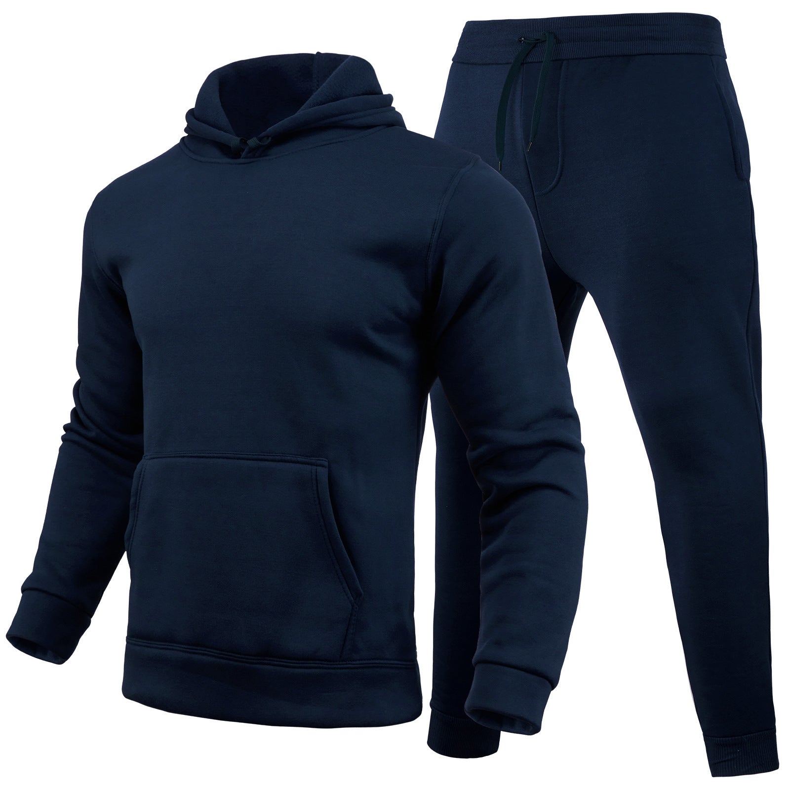 Set tuta sportiva uomo blu scuro, felpa con cappuccio e pantaloni, abbigliamento casual comodo, moda uomo, abbigliamento sportivo autunno inverno.