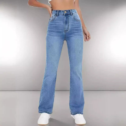 Jeans de mujer en denim elástico de talle alto, ajuste slim de pierna recta