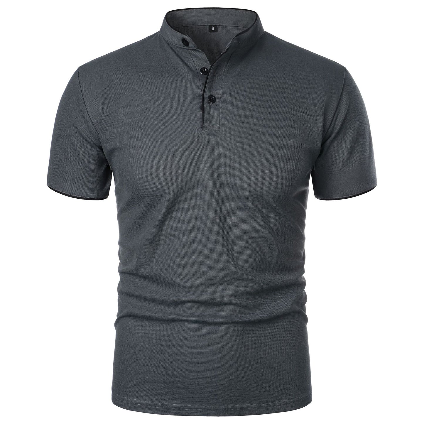 Polo grigia da uomo con colletto alla coreana e tre bottoni, design elegante e moderno, ideale per abbigliamento casual e formale.