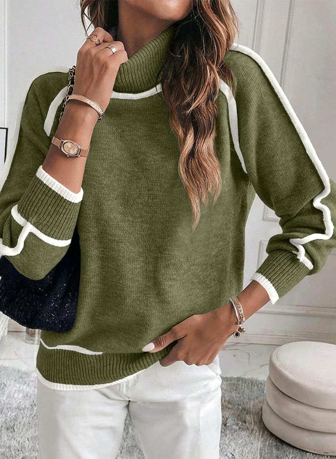 Maglione Pullover da Donna a Collo Alto in Tinta Unita con Maniche Lunghe