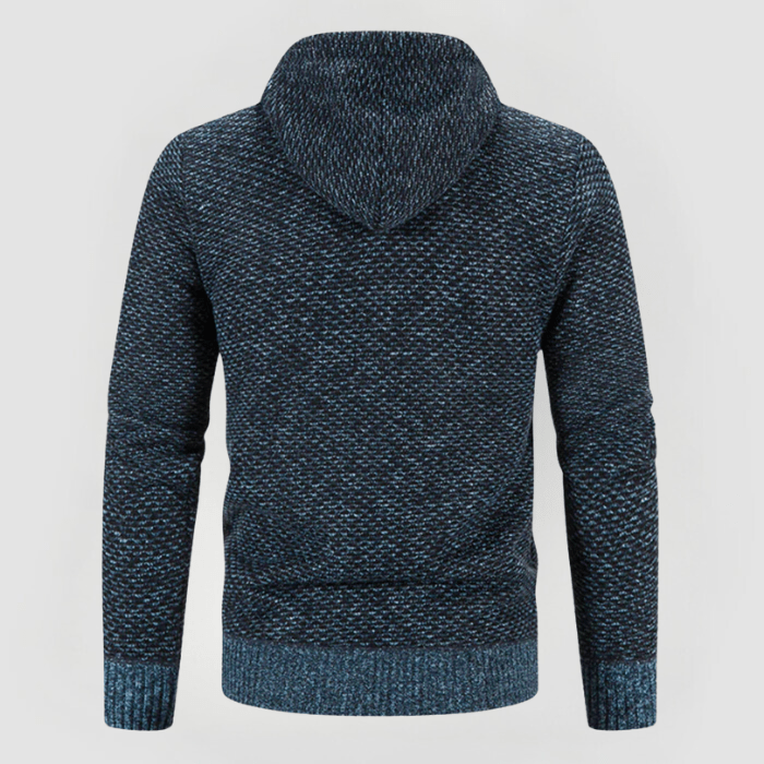 Felpa con cappuccio blu scuro, tessuto a maglia, design casual, moda uomo, abbigliamento invernale, stile moderno, comfort e calore.