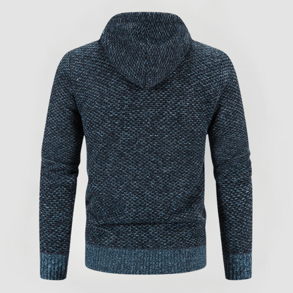 Felpa con cappuccio blu scuro, tessuto a maglia, design casual, moda uomo, abbigliamento invernale, stile moderno, comfort e calore.